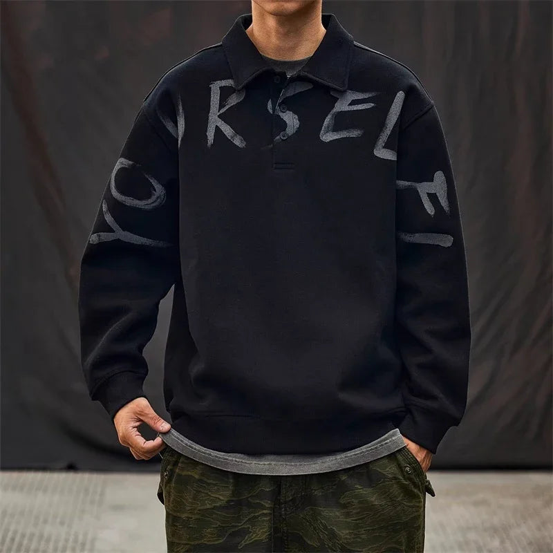 New High Street Letter Print Sweatshirts For Men Autumn Casual Long Sleeve Polo Shirts Y2K Vintage Oversized Lapel Hoodies