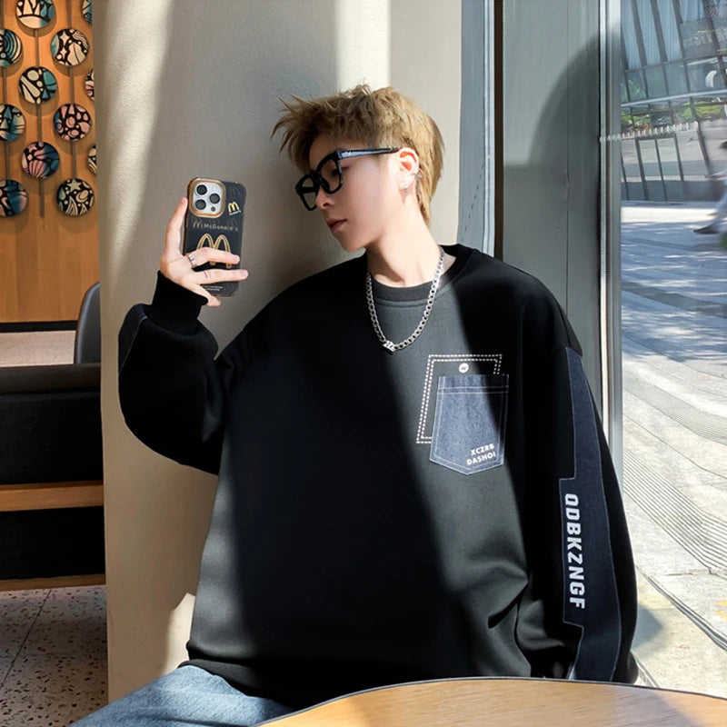 2025 New Patchwork Pockets Sweatshirts For Man Letter Printed Crewneck Pullover Hoodies Autumn Y2K Streetwear Sudaderas Hombre