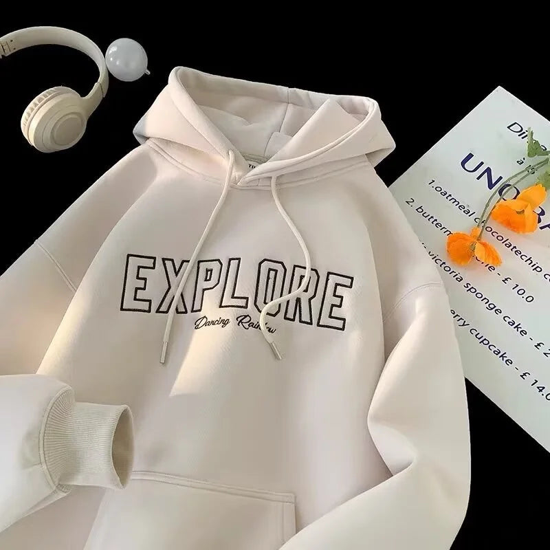 New EXPLORE Letter Printed Hooded Sweatshirts Men's Cotton Fleece Oversized Pullover Hoodies Y2K Streetwear Hoody Clothes