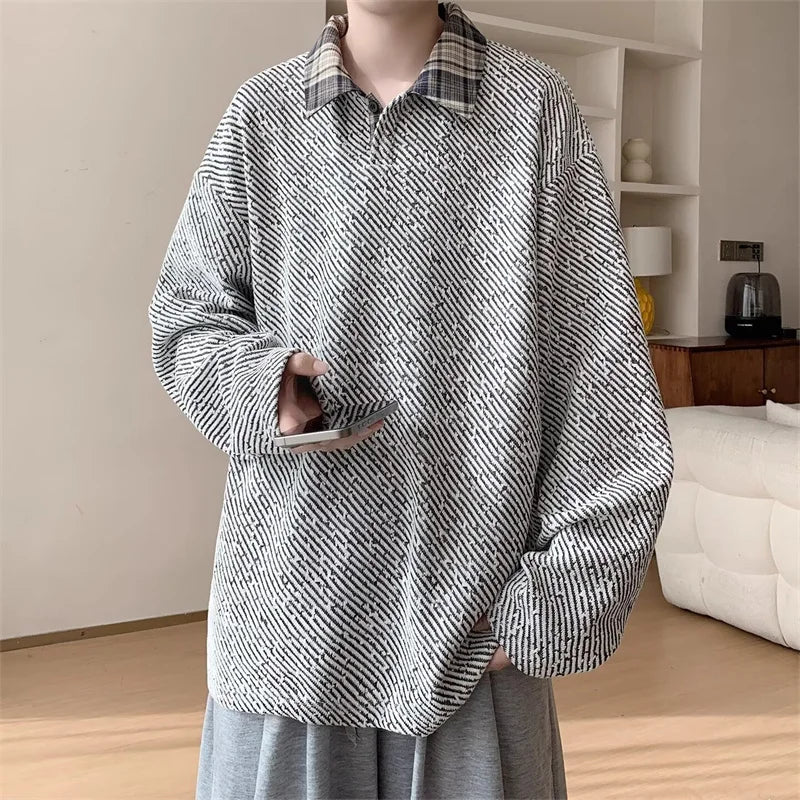 Autumn American Retro Textured Sweatshirts For Man High Street Fashion Long Sleeve Polo T-shirts Casual Y2K Pullover Hoodie