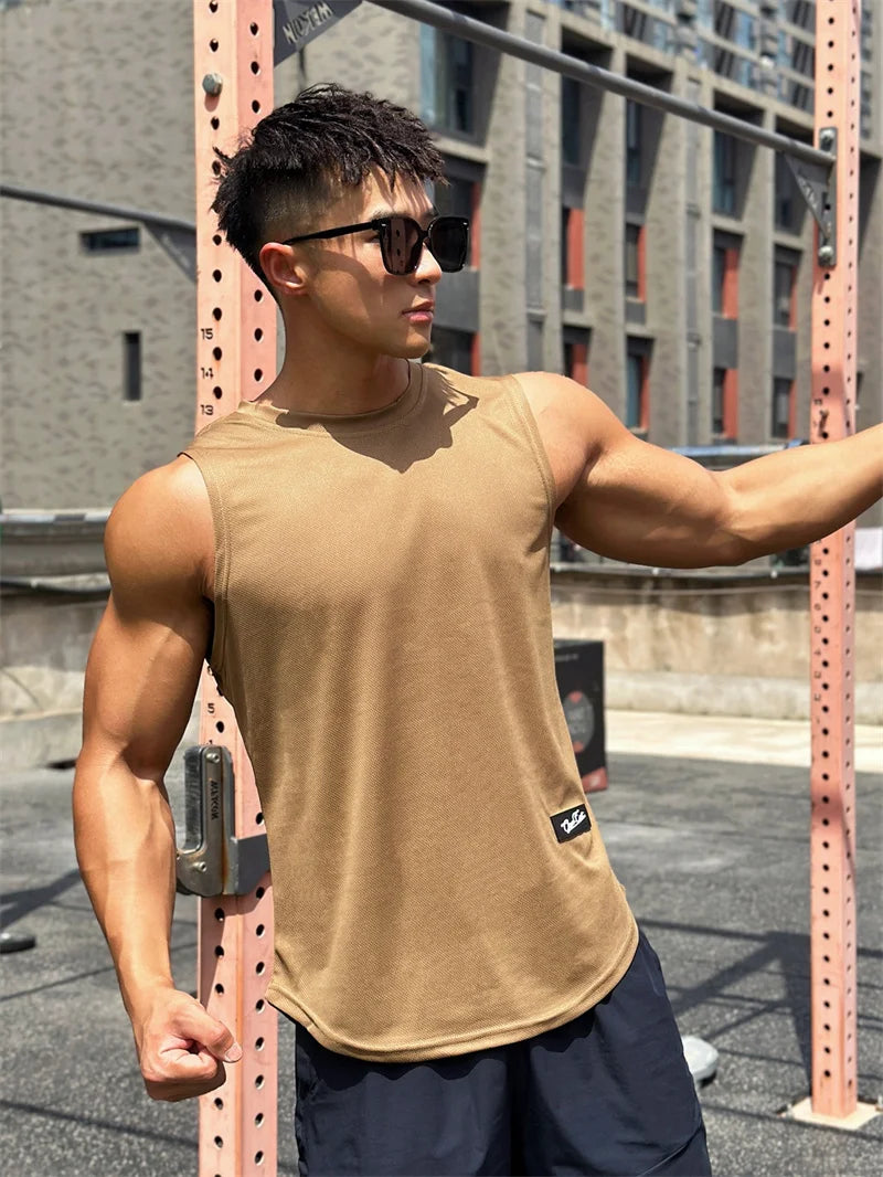 2023 Summer New Trend Men's Pullover Round Neck Mesh Bottom Sports Fitness running Top Sleeveless Tank Top Quick Drying