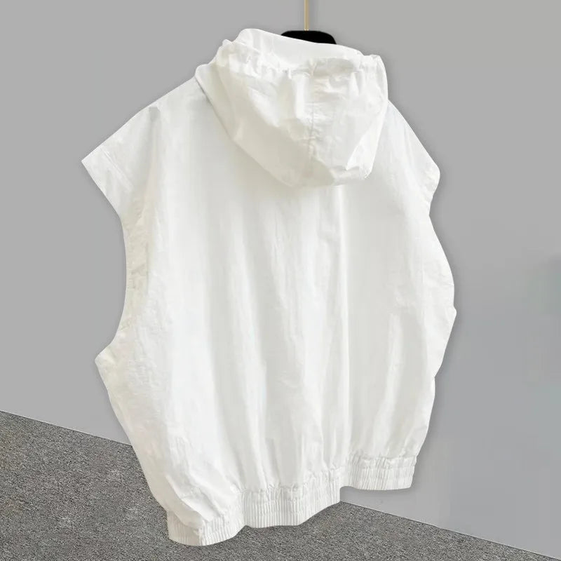 Oversized American Vintage Hooded Vest Men Sleeveless Zipper Hoodie Spring Summer Silhouette Design Denim Shoulder Pads Tank Top