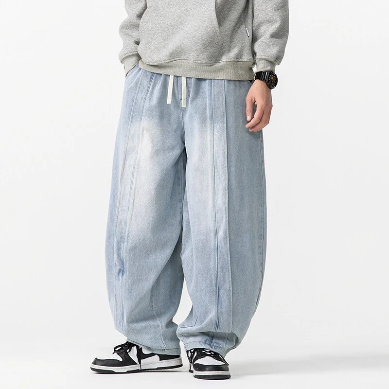 New Loose Style Men Jeans Pants Vintage Harem Denim Wide Leg Pants Mens Straight Oversized Fashion Jeans Elastic Waist Trousers