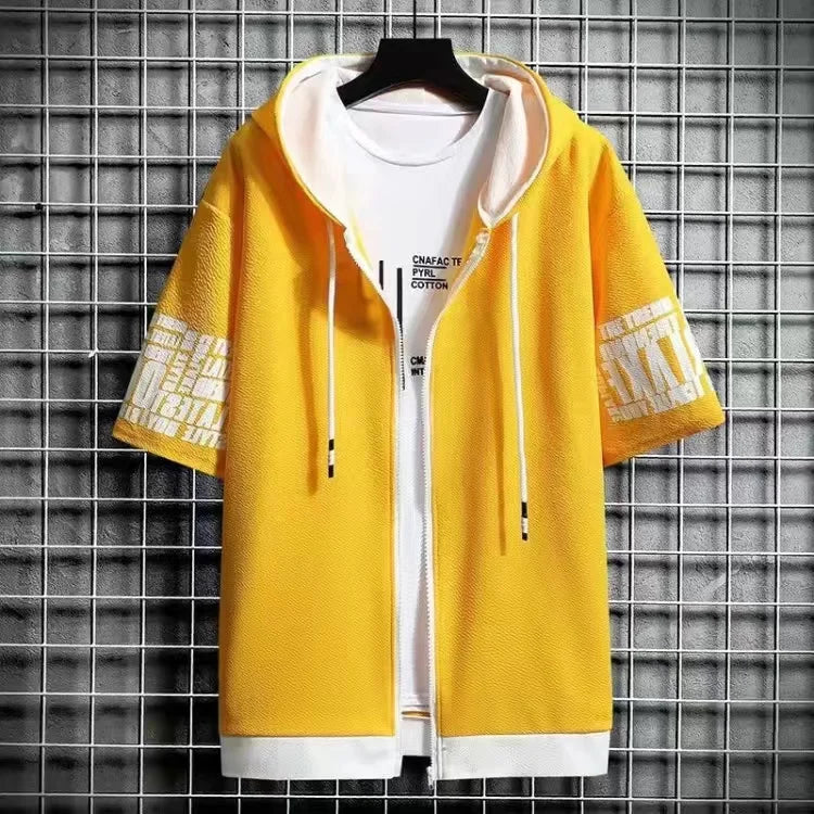 Men Sets 2 Pieces Tracksuit Summer Short Sleeve Hooded Tops +Shorts Streetwear Loose Mens Suit Casual Zipper Hip Hop Sportswear
