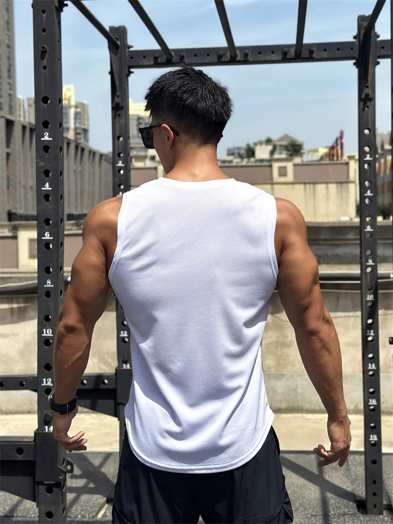 2023 Summer New Trend Men's Pullover Round Neck Mesh Bottom Sports Fitness running Top Sleeveless Tank Top Quick Drying