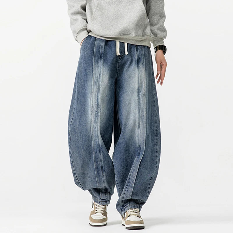 New Loose Style Men Jeans Pants Vintage Harem Denim Wide Leg Pants Mens Straight Oversized Fashion Jeans Elastic Waist Trousers