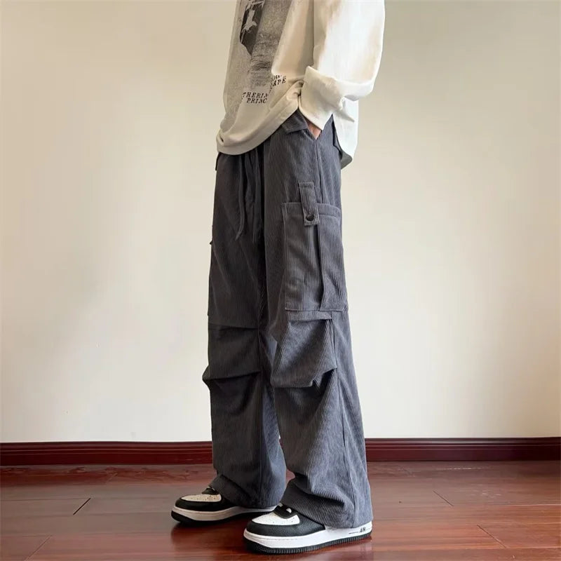2024 New Corduroy Cargo Pants Men Y2K Vintage Baggy Wide-leg Trousers Straight Casual High Street Army Green Pantalones Hombre