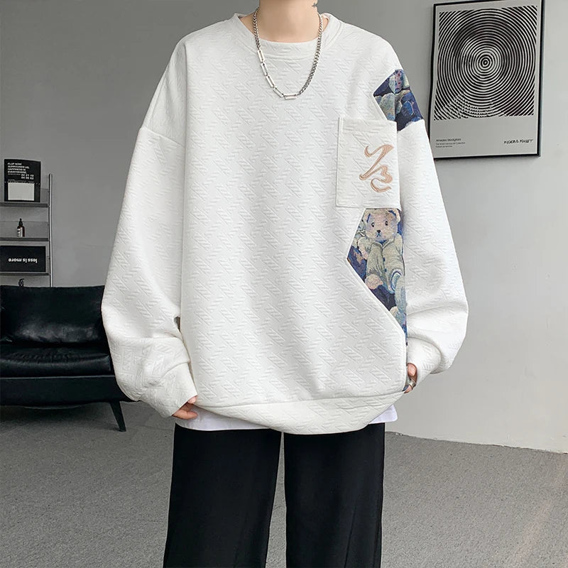 New Men's Pullover Sweatshirt Harajuku Embroidered Bear Pattern Loose Casual Round Neck Sweatshirts Unisex Fashion Hoodie 5XL