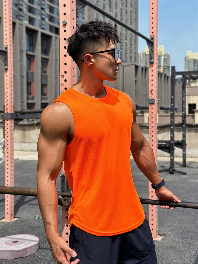 2023 Summer New Trend Men's Pullover Round Neck Mesh Bottom Sports Fitness running Top Sleeveless Tank Top Quick Drying