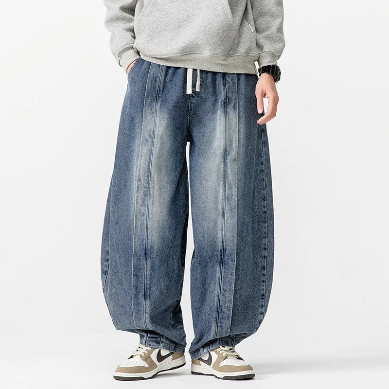 New Loose Style Men Jeans Pants Vintage Harem Denim Wide Leg Pants Mens Straight Oversized Fashion Jeans Elastic Waist Trousers