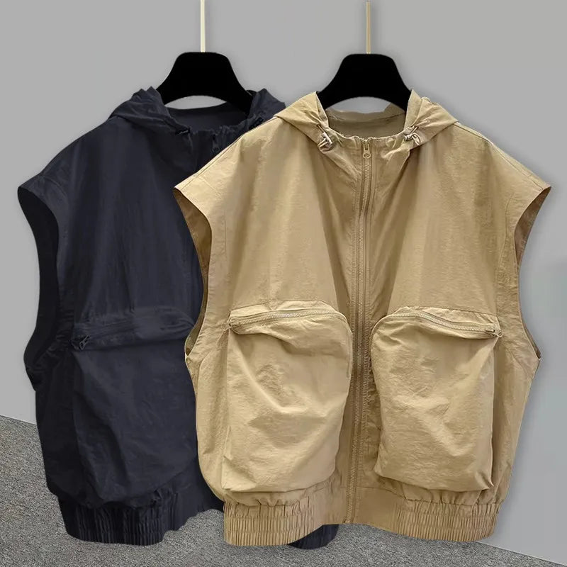 Oversized American Vintage Hooded Vest Men Sleeveless Zipper Hoodie Spring Summer Silhouette Design Denim Shoulder Pads Tank Top