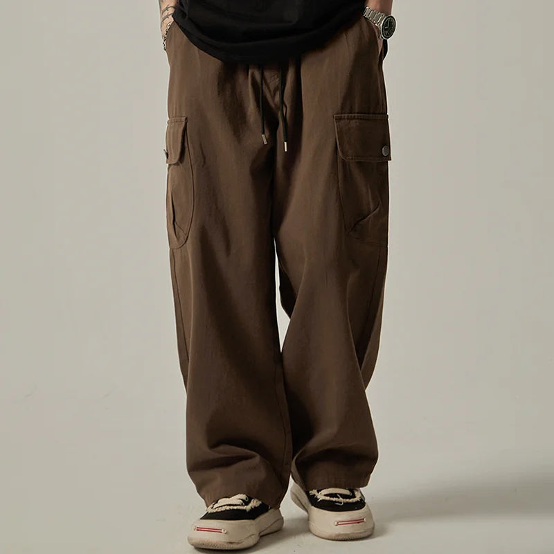 Big Side Pocket Men's Pants Spring Vintage Wide Leg Straight Button Multiple Pockets Work Cargo Pants Male Drawstring Trousers