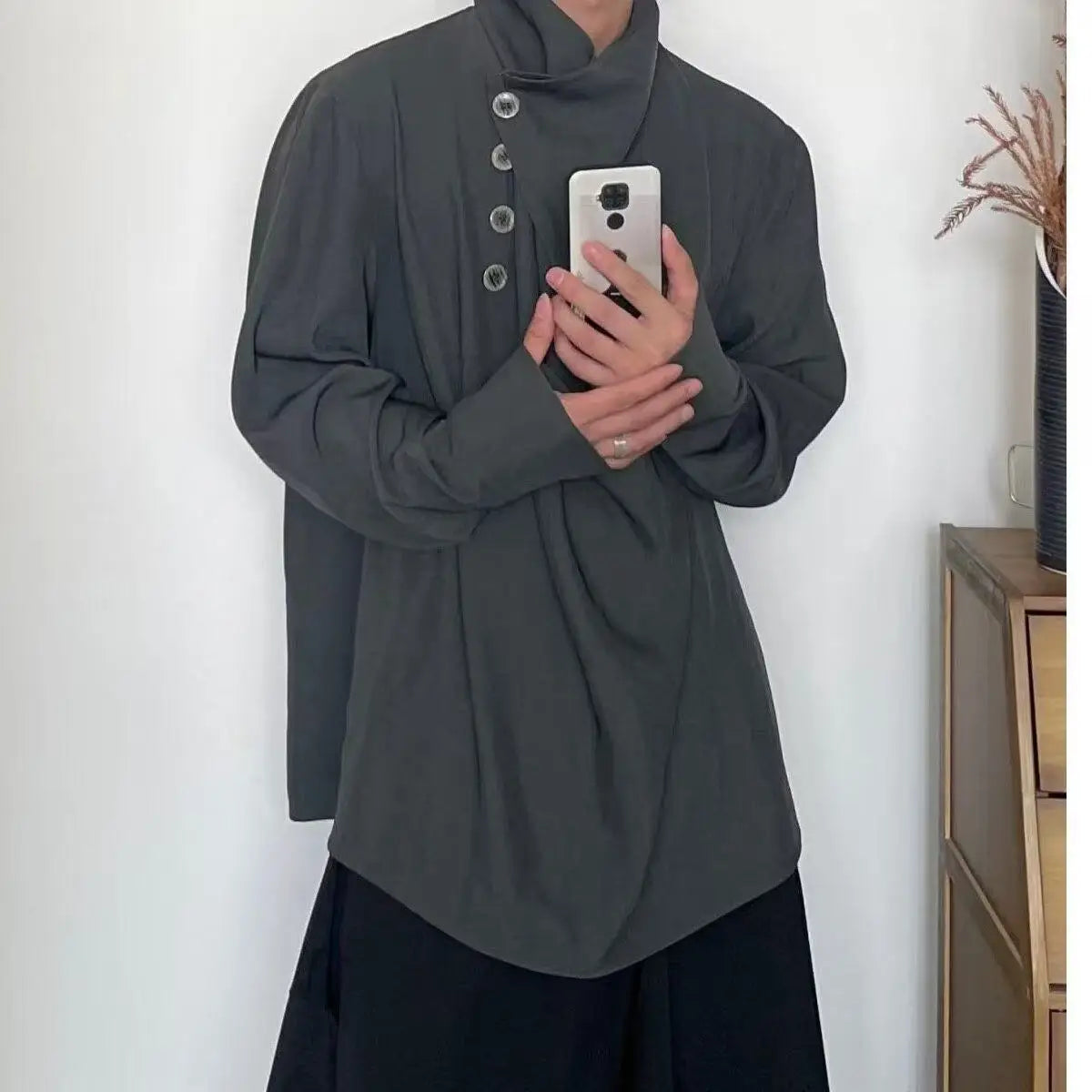 Casual Loose Fit Men's Shirt Stand Collar Asymmetrical Design Vintage Feel Comfortable Summer Casual Shirt Male Model
