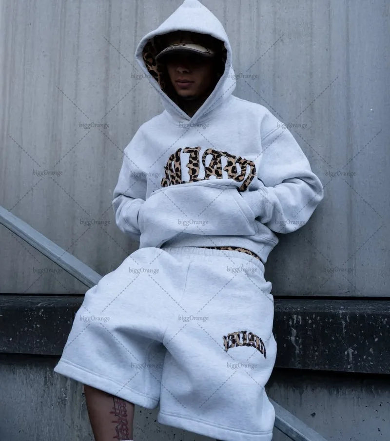 American hip-hop leopard print letter embroidery men hoodie retro Harajuku street sports suit fashionable casual sweatshirts