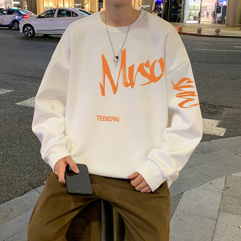 2026 Autumn Letter Printed Sweatshirts Men's Korean Fashion Loose Crewneck Pullover Hoodies Hip Hop Y2K Streetwear Sudadera
