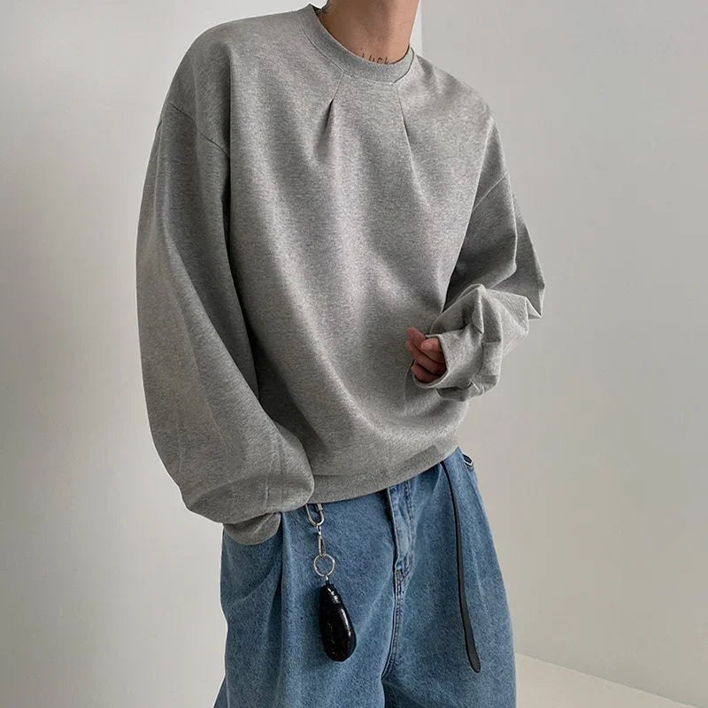 2026 Korean Fashion Crewneck Sweatshirts For Men Casual Design Pullover Y2K Hoodies Solid Color Streetwear Long Sleeve Tops
