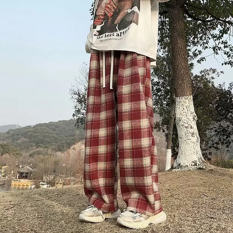 Vintage American Style Tweed Plaid Men's Pants Loose Straight Wide Leg Casual Trousers Trendy Brand Punk Rock Streetwear