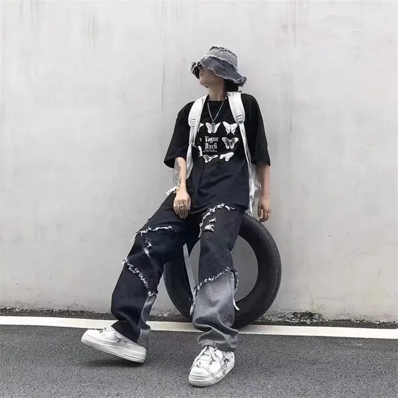 Mens Jeans Pants With Hole Casual Vintage Straight Leg Korean Fashion Streetwear Harajuku Trousers