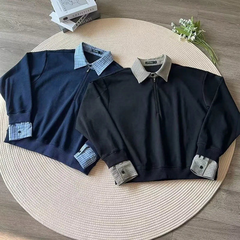 Spring Plaid Polo Neck Half-Zip Sweatshirts For Men Casual Fake Two-Piece Pullover Hoodies 2026 New High Street Y2K Tracksuit