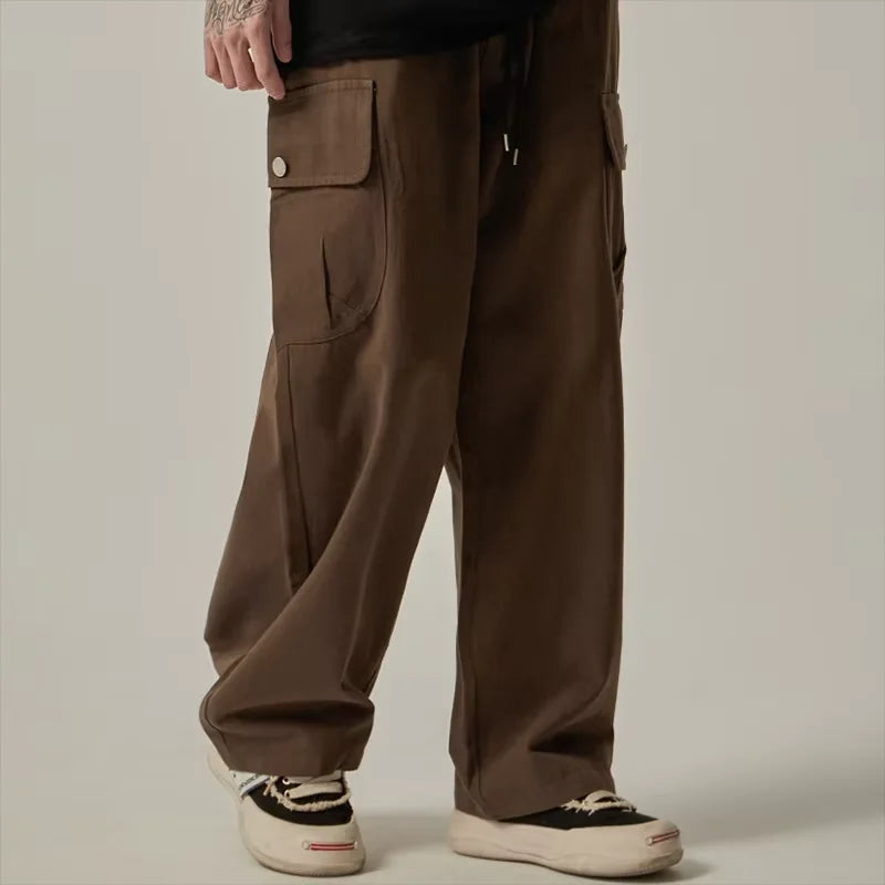 Big Side Pocket Men's Pants Spring Vintage Wide Leg Straight Button Multiple Pockets Work Cargo Pants Male Drawstring Trousers