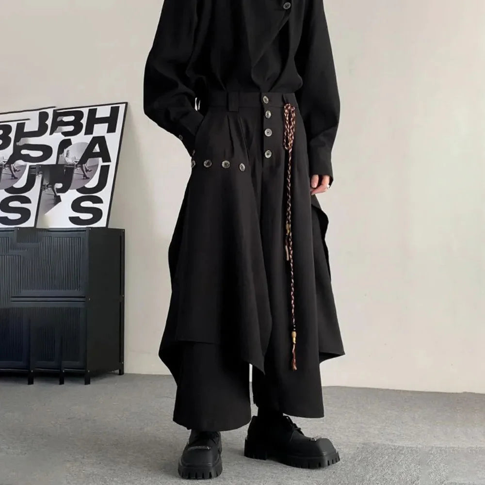 Y2k Double-Layer Irregular Casual Skirt Pants Genderless Japanese Streetwear Side Hem Design Versatile Samurai Skirt Unisex