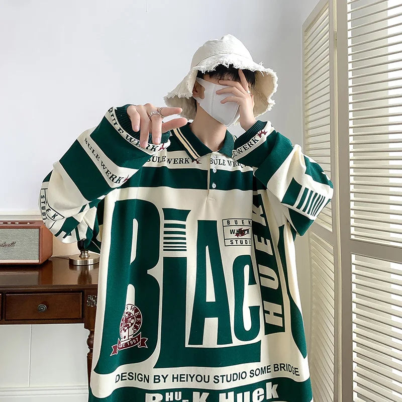 Turn-down Collar Mens Sweatshirts Long Sleeve 2026 Streetwear Harajuku Printed Hoodies Vintage Korean Oversized Outwear