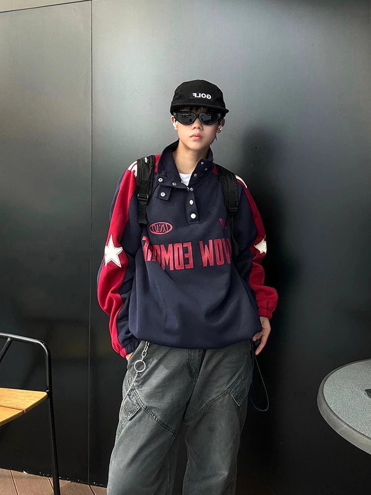 Autumn Stand-up Collar Patchwork Sweatshirts For Men Letter Printed Motorcycle Style Pullover Hoodies Y2K Streetwear Tracksuit