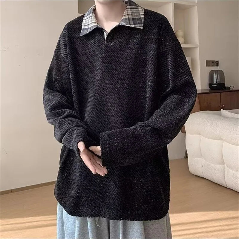 Autumn American Retro Textured Sweatshirts For Man High Street Fashion Long Sleeve Polo T-shirts Casual Y2K Pullover Hoodie