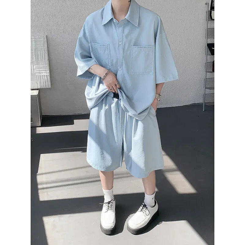 Summer Trend Men's Short Sleeve Set Men's Short Sleeve Sport Suit Shirt and Shorts Two Piece  Oversize Casual Fashion Tracksuit