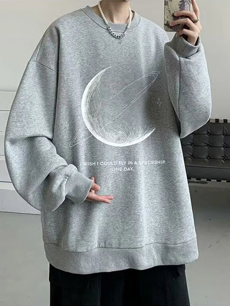 Spring Gothic Moon Printed Long Sleeve Sweatshirts Men's Hip Hop Fashion Graphic Pullover Hoodies Y2K Streetwear Sudaderas