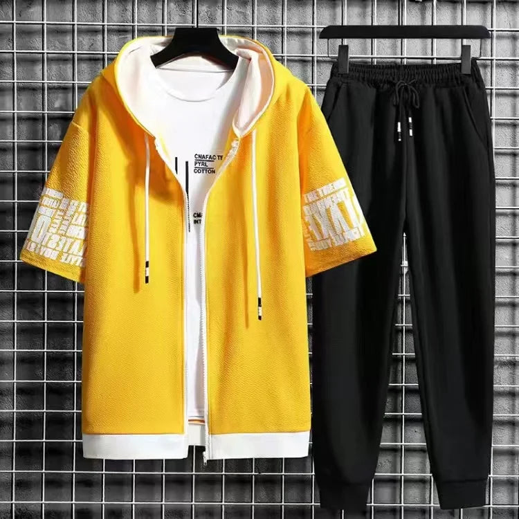 Men Sets 2 Pieces Tracksuit Summer Short Sleeve Hooded Tops +Shorts Streetwear Loose Mens Suit Casual Zipper Hip Hop Sportswear