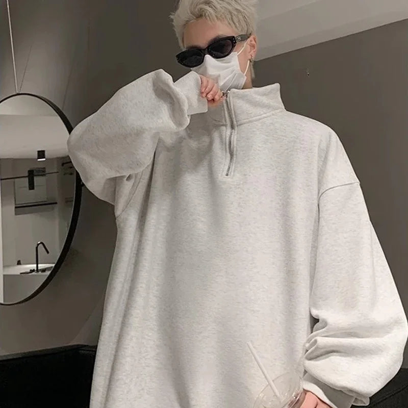 Men's Korean Fashion Half-zipper Sweatshirts Autumn Stand-up Collar Pullover Hoodies Y2K Vintage Solid Tops Hombre Tracksuit