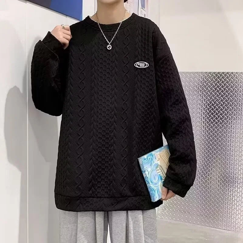 Autumn Men's Oversized Waffle Crewneck Sweatshirts Appliques Long Sleeve Pullover Hoodies Korean Fashion Y2K Streetwear Sudadera