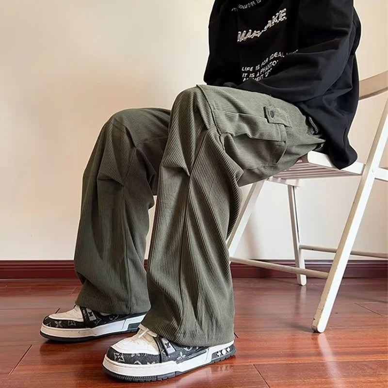 2024 New Corduroy Cargo Pants Men Y2K Vintage Baggy Wide-leg Trousers Straight Casual High Street Army Green Pantalones Hombre