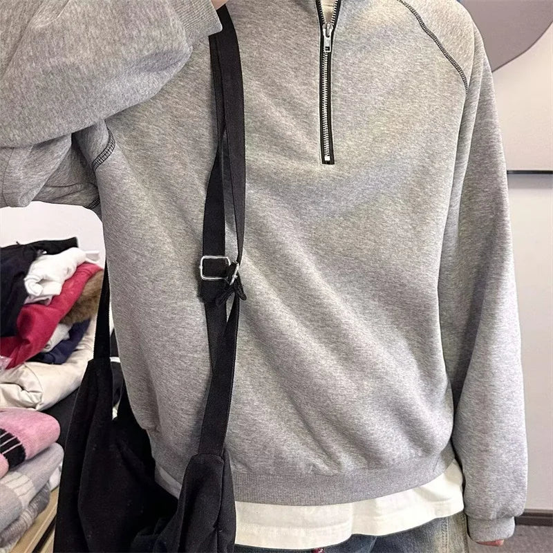 Autumn Texture Stand Collar Half Zipper Sweatshirts Men's High Street Fashion Long Sleeve Pullover Hoodie Y2K Vintage Tracksuit
