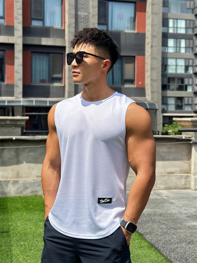 2023 Summer New Trend Men's Pullover Round Neck Mesh Bottom Sports Fitness running Top Sleeveless Tank Top Quick Drying