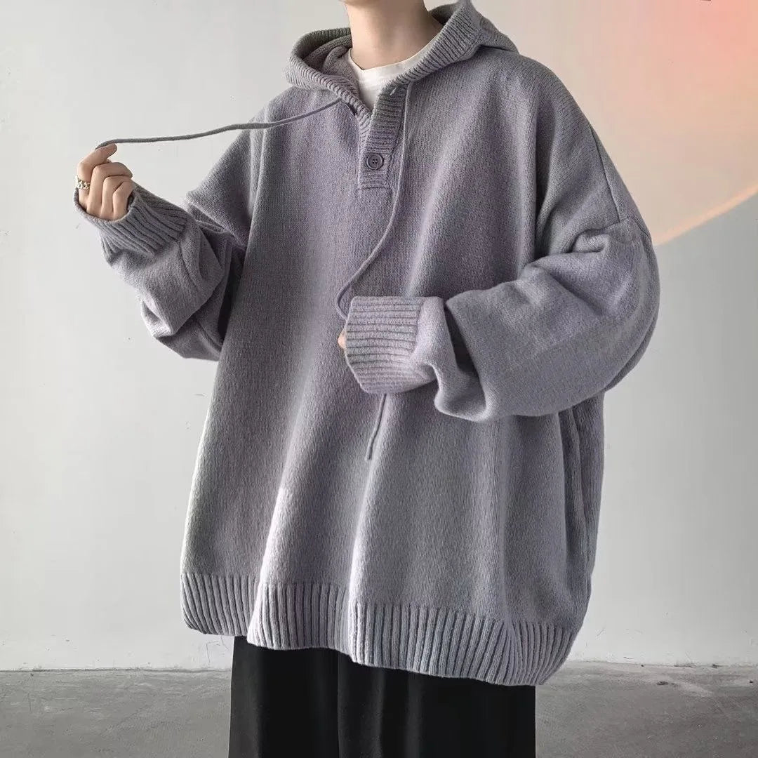 Men Sweater Streetwear Vintage Hooded Sweaters Oversized Pullovers Men Cozy Loose College Solid Knitted Tops Streetwear Hoodies