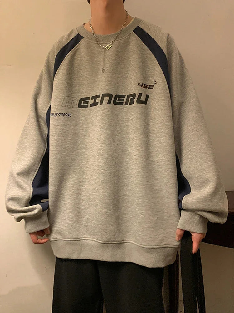 American High Street Letter Print Sweatshirt Men Autumn Oversized Colorblock Pullover Hoodies Y2K Vintage Sudaderas Para Hombres