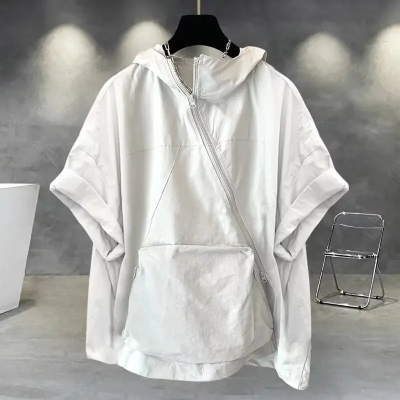 Trendy Zip-Up Hooded Short Sleeve Men's T-Shirt Korean Style Loose Fit Large Pocket Summer Casual Tops