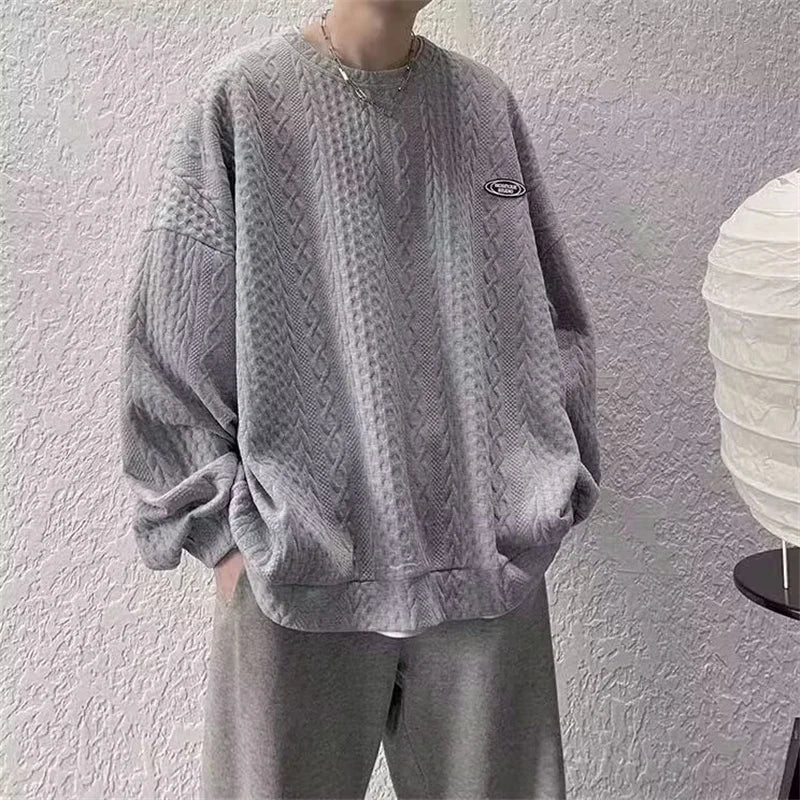 Autumn Men's Oversized Waffle Crewneck Sweatshirts Appliques Long Sleeve Pullover Hoodies Korean Fashion Y2K Streetwear Sudadera