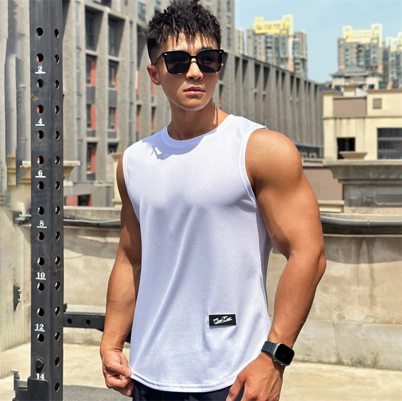 2023 Summer New Trend Men's Pullover Round Neck Mesh Bottom Sports Fitness running Top Sleeveless Tank Top Quick Drying