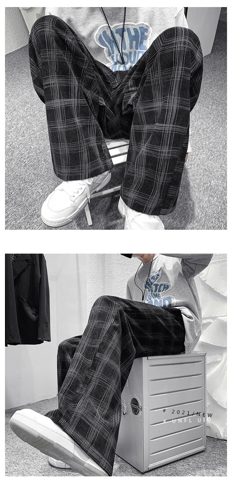 2024 Autumn Corduroy Pants Men Casual Plaid Straight Pant Male Hip Hop Male Loose Trousers for Man