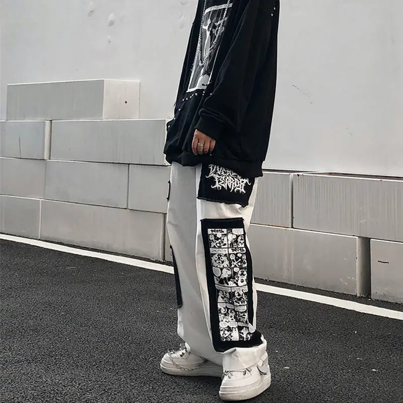2024 Y2K Wide Leg Pants Black Cargo Trousers Male Hip Hop White Casual Harajuku Gothic Japanese Streetwear Patchwork 5XL