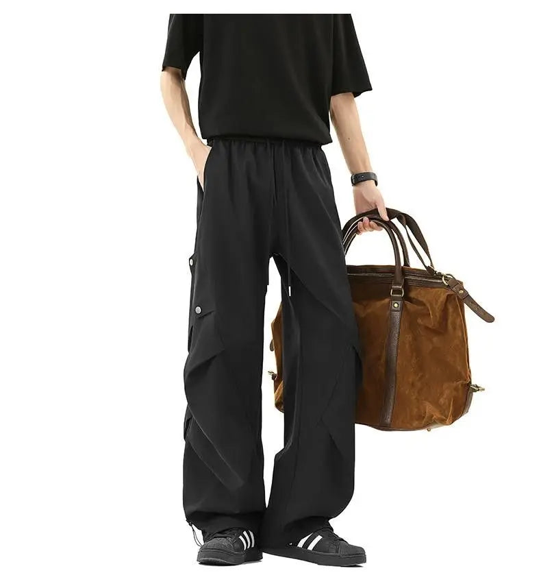 Casual Quick-dry Pants for Men American-style Workwear with Pleats New Summer Thin and Trendy Loose Straight-leg Pants