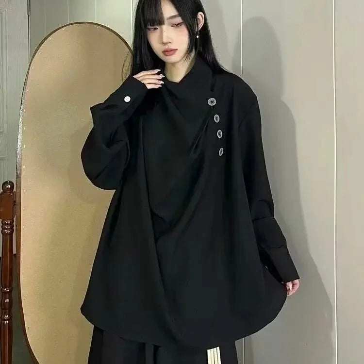 Casual Loose Fit Men's Shirt Stand Collar Asymmetrical Design Vintage Feel Comfortable Summer Casual Shirt Male Model
