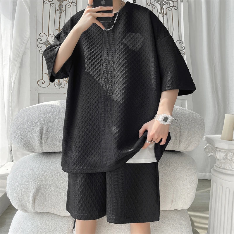 Summer Men's Tracksuit Set Korean Casual Sports Suit Breathable T-shirts Shorts 2 Piece Set High Street Men's Clothing New M-5XL