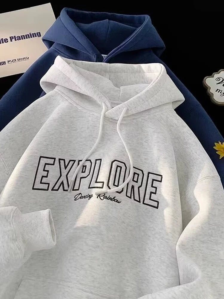 New EXPLORE Letter Printed Hooded Sweatshirts Men's Cotton Fleece Oversized Pullover Hoodies Y2K Streetwear Hoody Clothes