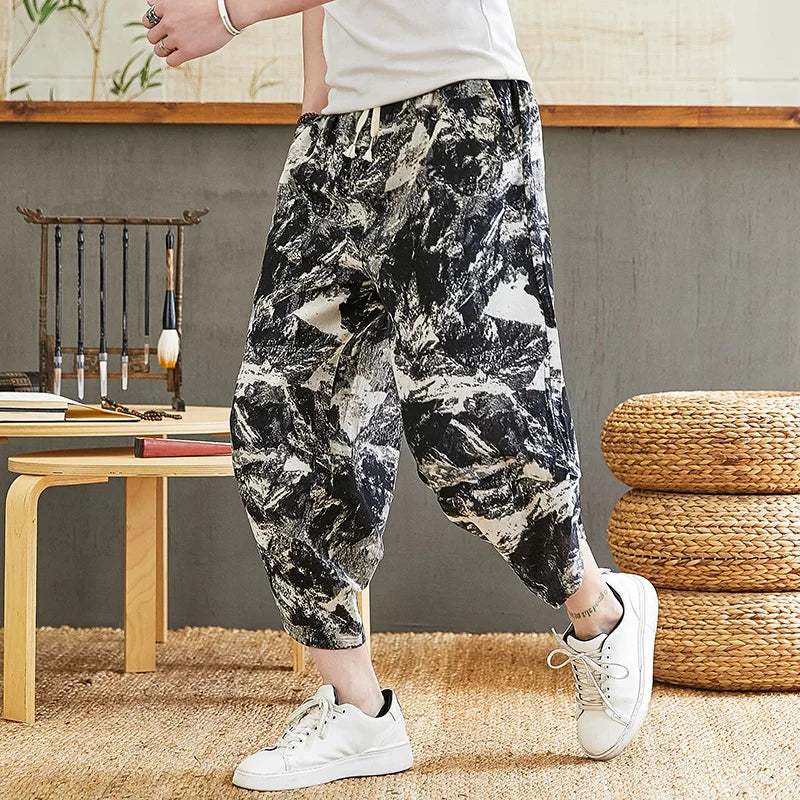 Baggy Cotton Harem Pants Men 2024 Summer Japanese Men Women Hip Hop Plus Size Wide Leg Pants Bloomers Calf-Length Pants Joggers