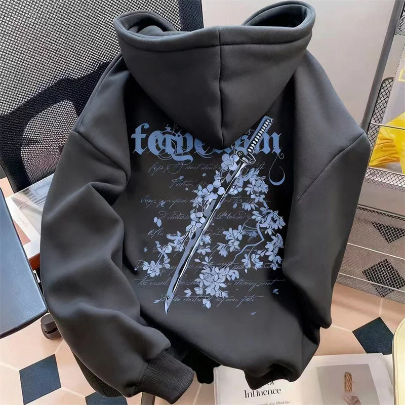 New Japanese Cherry Blossom Sword Graphic Y2K Hoodies Men's Cotton Fleece Oversized Hooded Sweatshirts Hip Hop Streetwear Hoody