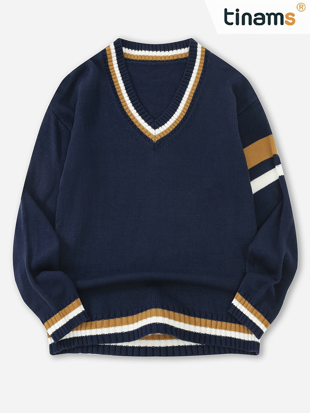 Men'S Casual V-Neck Sweater - Acrylic Knit Pullover with Stripe Detail, Loose Fit for Fall/Winter, British Style